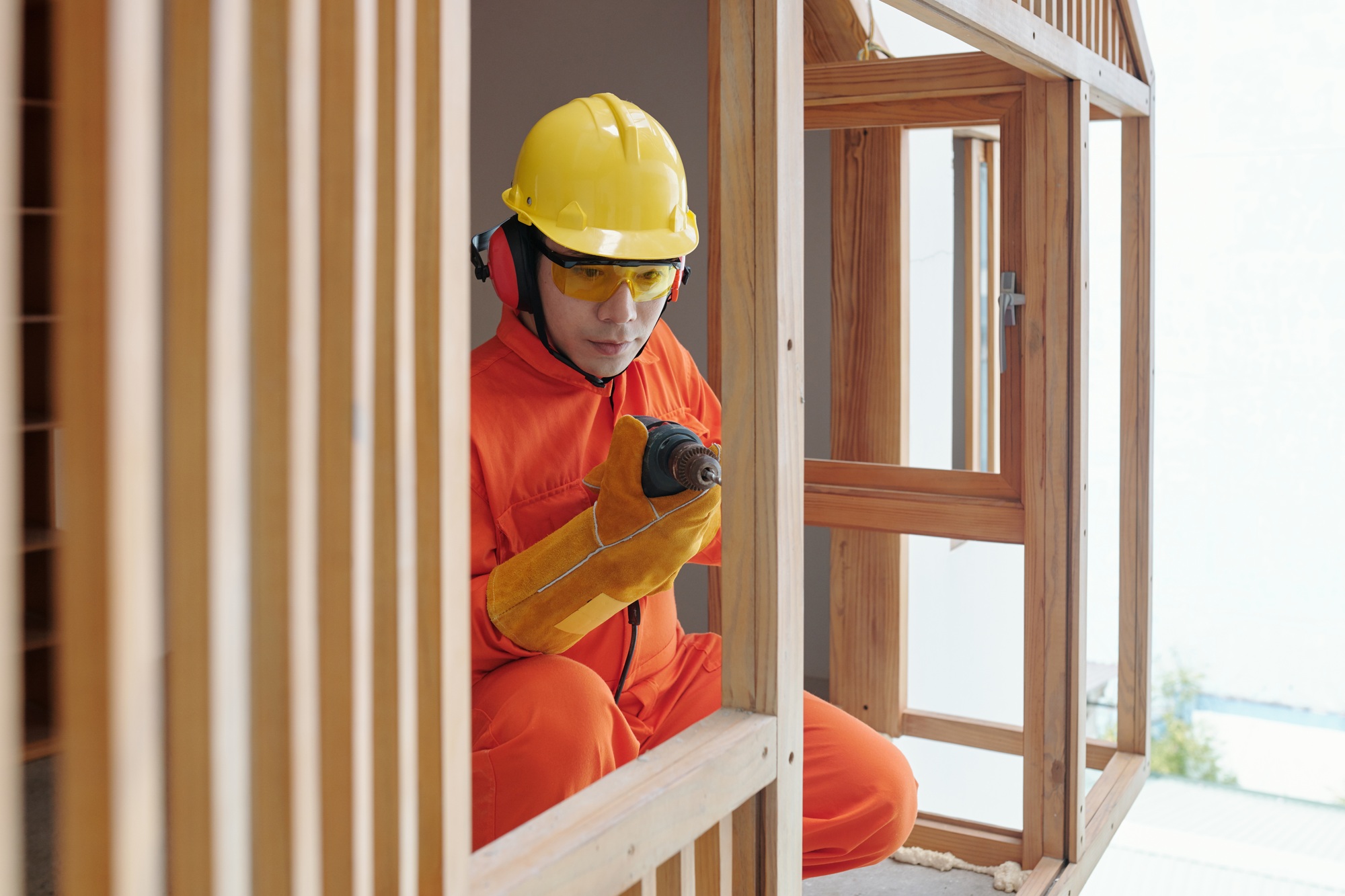Construction Worker Building Timber Frame